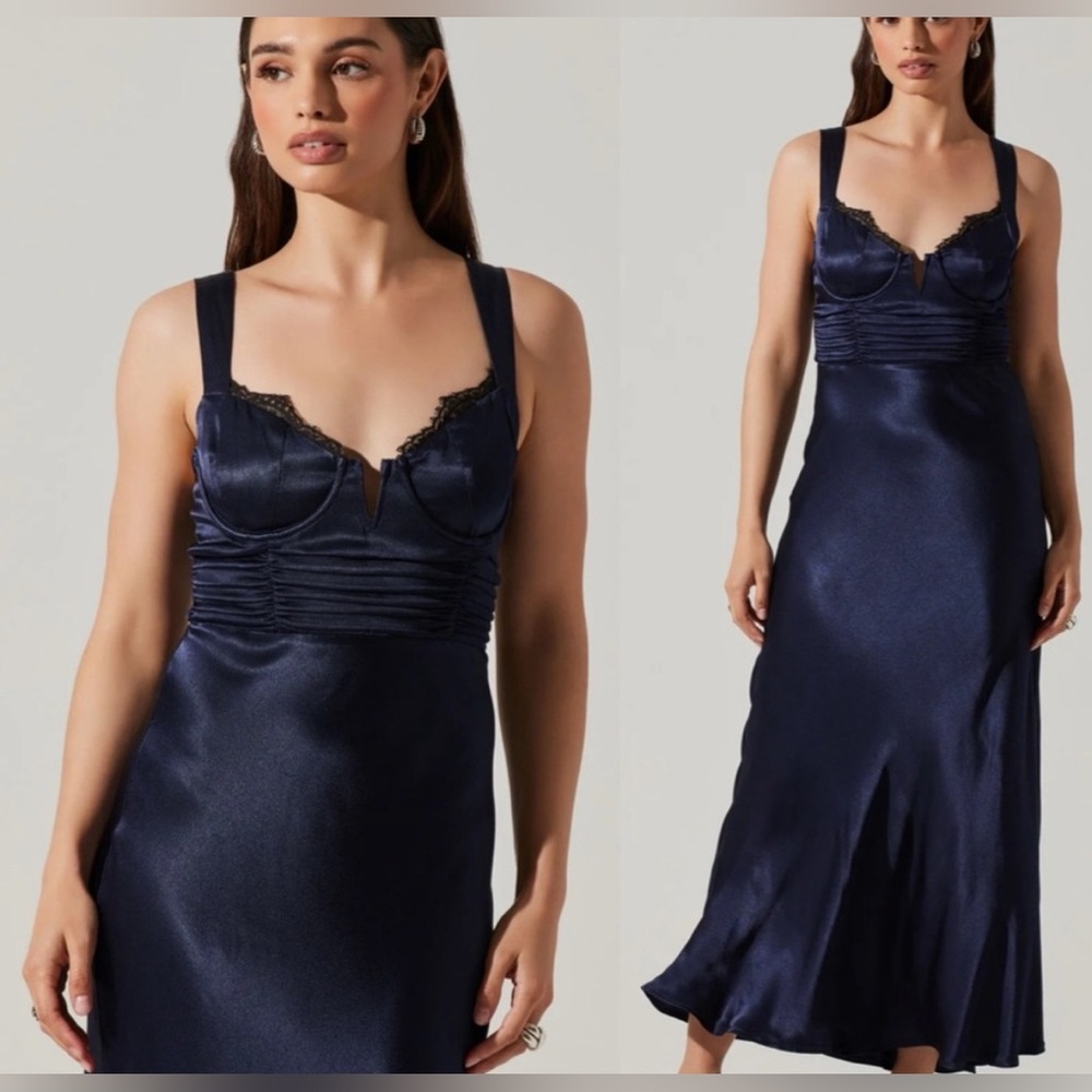 NEW Astr Aeris Satin Lace Trim Maxi Dress Navy Sz Medium Bustier Corset Feminine - Picture 4 of 17